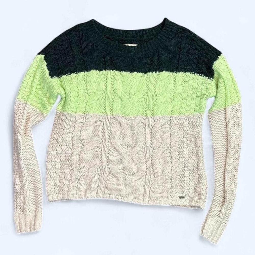Hollister Women's Small Cable Knit Colorblock Sweater Green and Cream